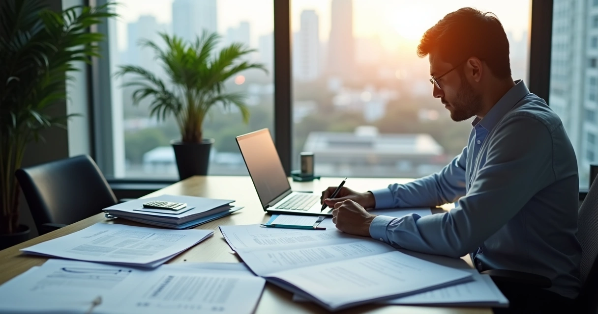 Perito analisando pilha de documentos contábeis em mesa de escritório 