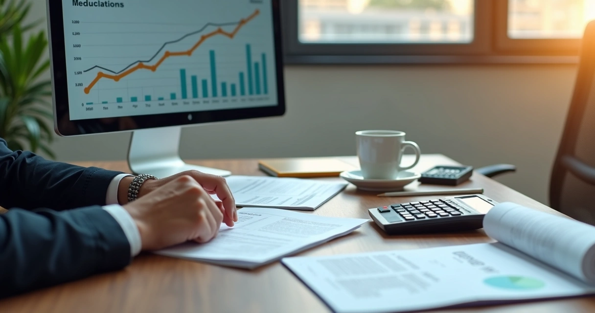 Contador analisando documentos financeiros e tela com gráficos no escritório 