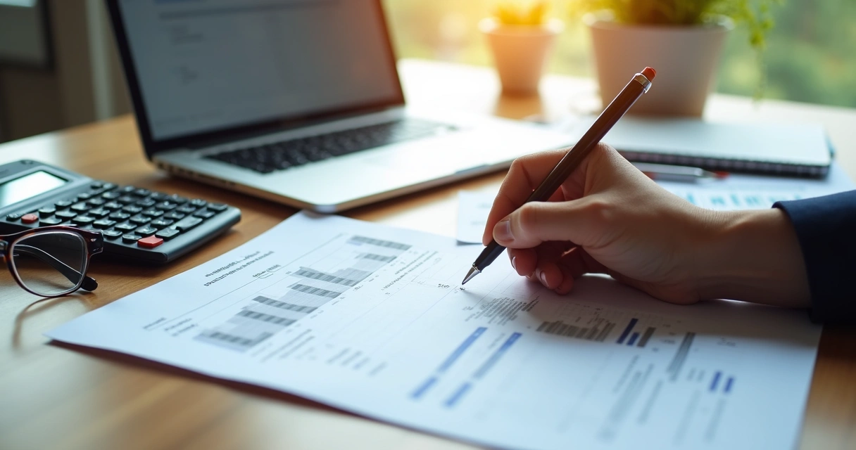 Documentos contábeis e planilhas analisados sobre uma mesa 