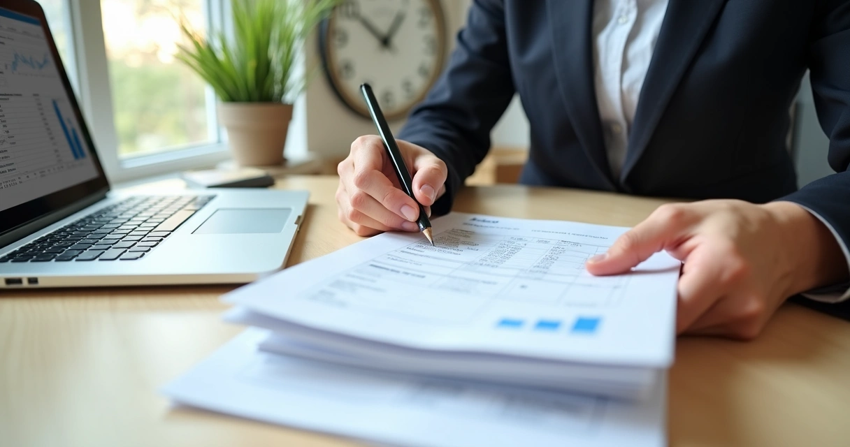 Pessoa examinando pilha de documentos contábeis recebidos de outro contador 