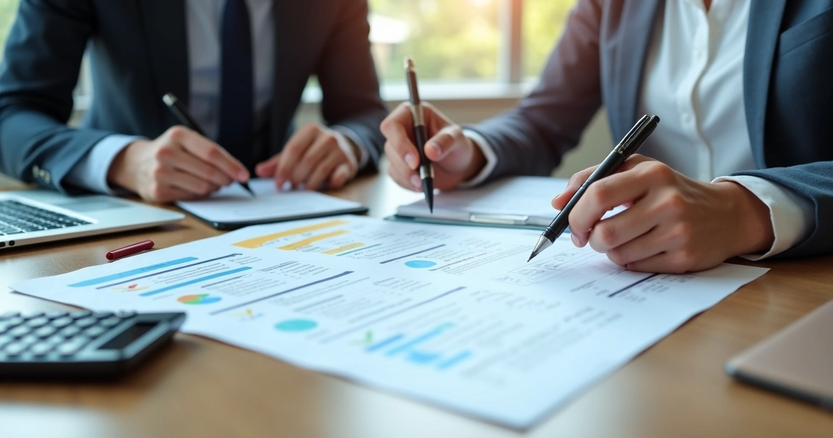 Documentos de contrato e painel de dados em mesa de reunião 