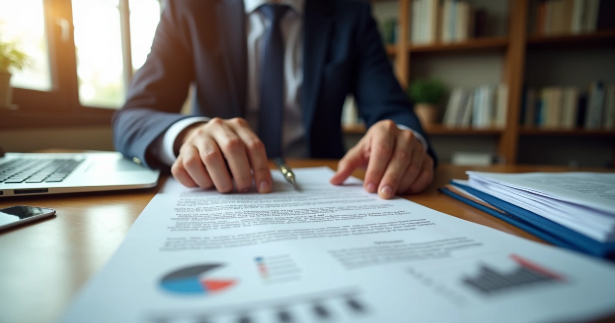 Consultor analisando documentos e contratos de empresa. 