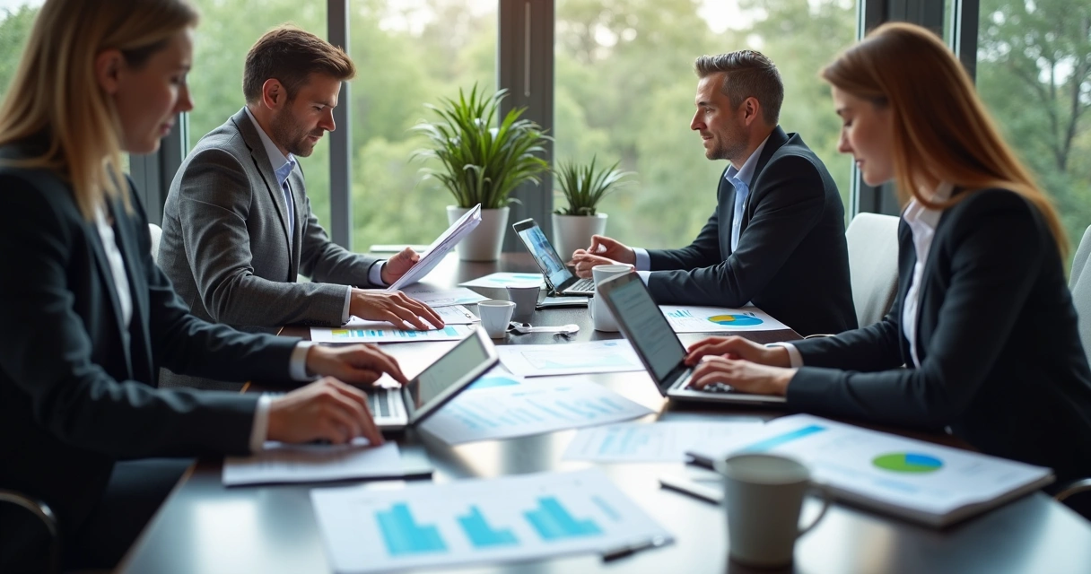 Equipe analisando documentos de crédito em mesa moderna 