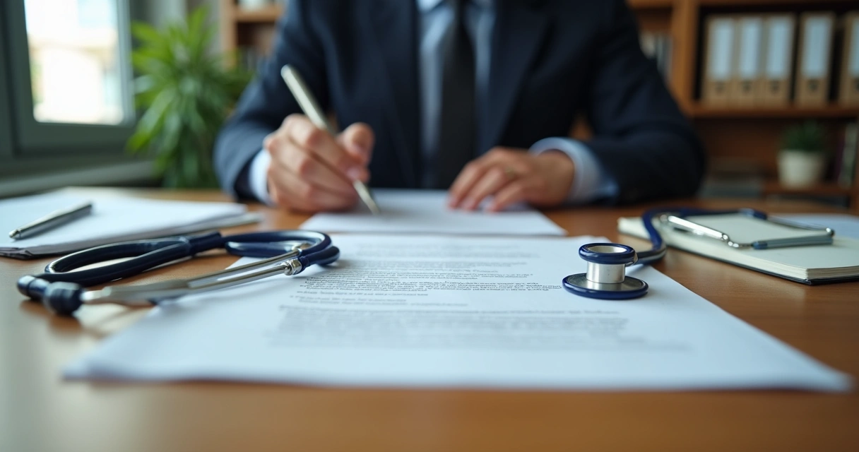 Documentos médicos e jurídicos sendo analisados em mesa de escritório