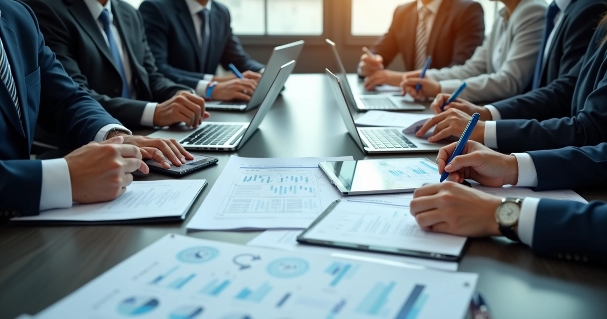 Mesa de reunião com documentos de compliance analisados por gestores 