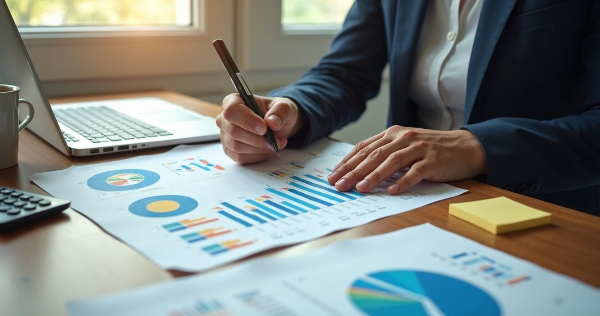Pessoa analisando documentos financeiros com gráficos coloridos