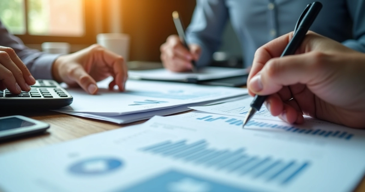 Mesa com análise de documentos empresariais