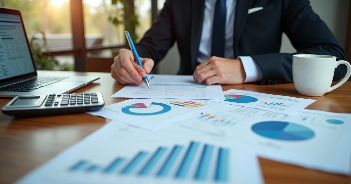 Profissional analisando documentos empresariais sobre mesa com laptop 