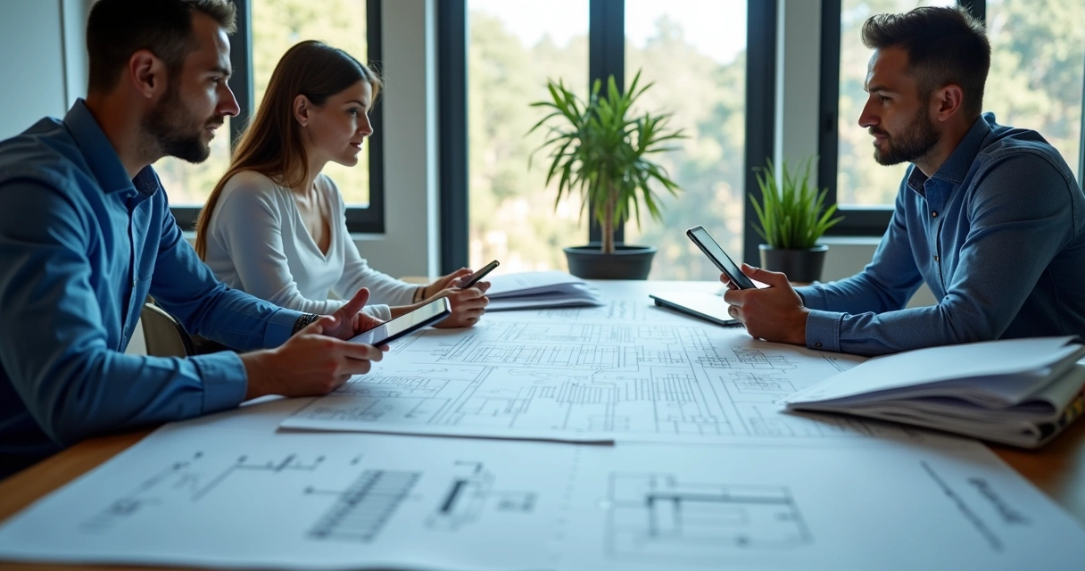 Engenheiros analisando documentação técnica e plantas de construção em uma mesa 