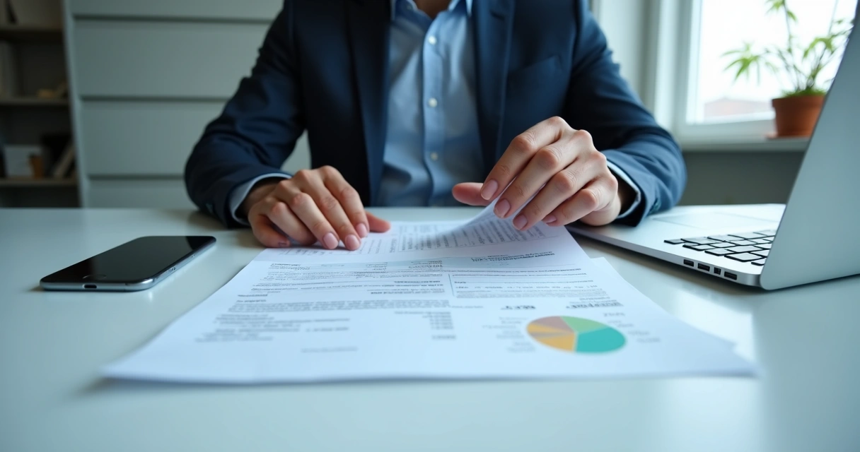 Pessoa analisando documentos financeiros e celular sobre mesa de escritório