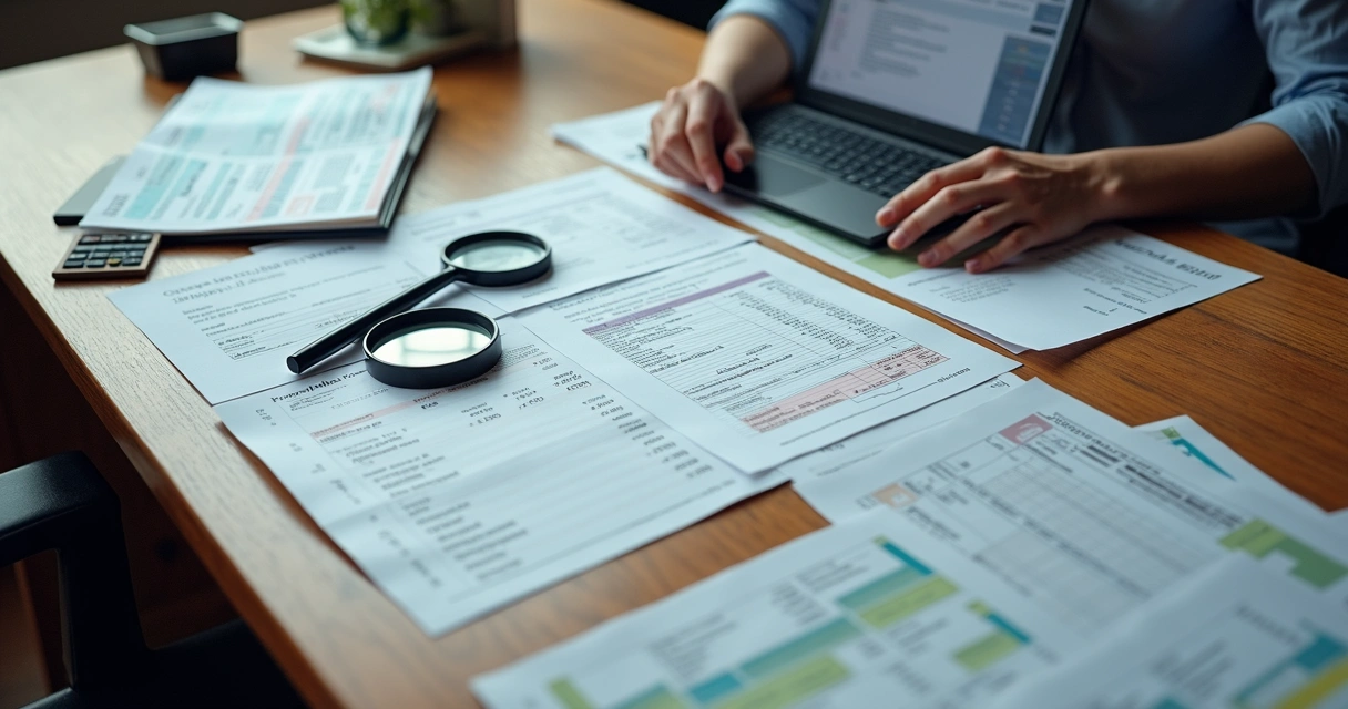 Documentos financeiros, calculadora e notebook em análise pericial