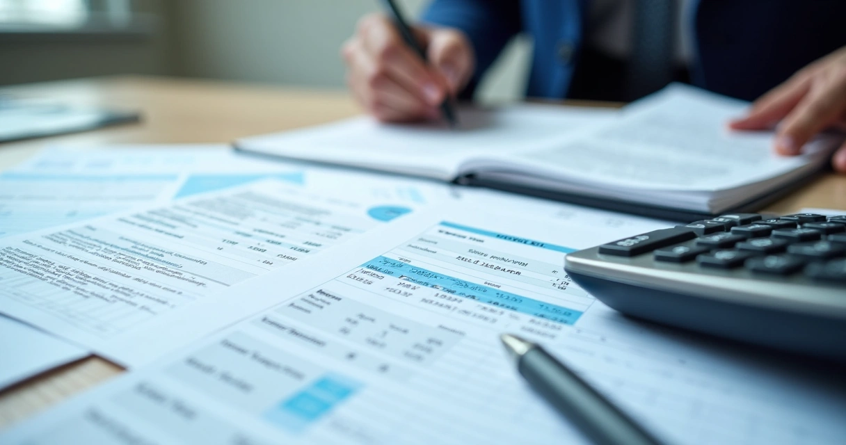 Documentos financeiros e calculadora sobre mesa de trabalho 