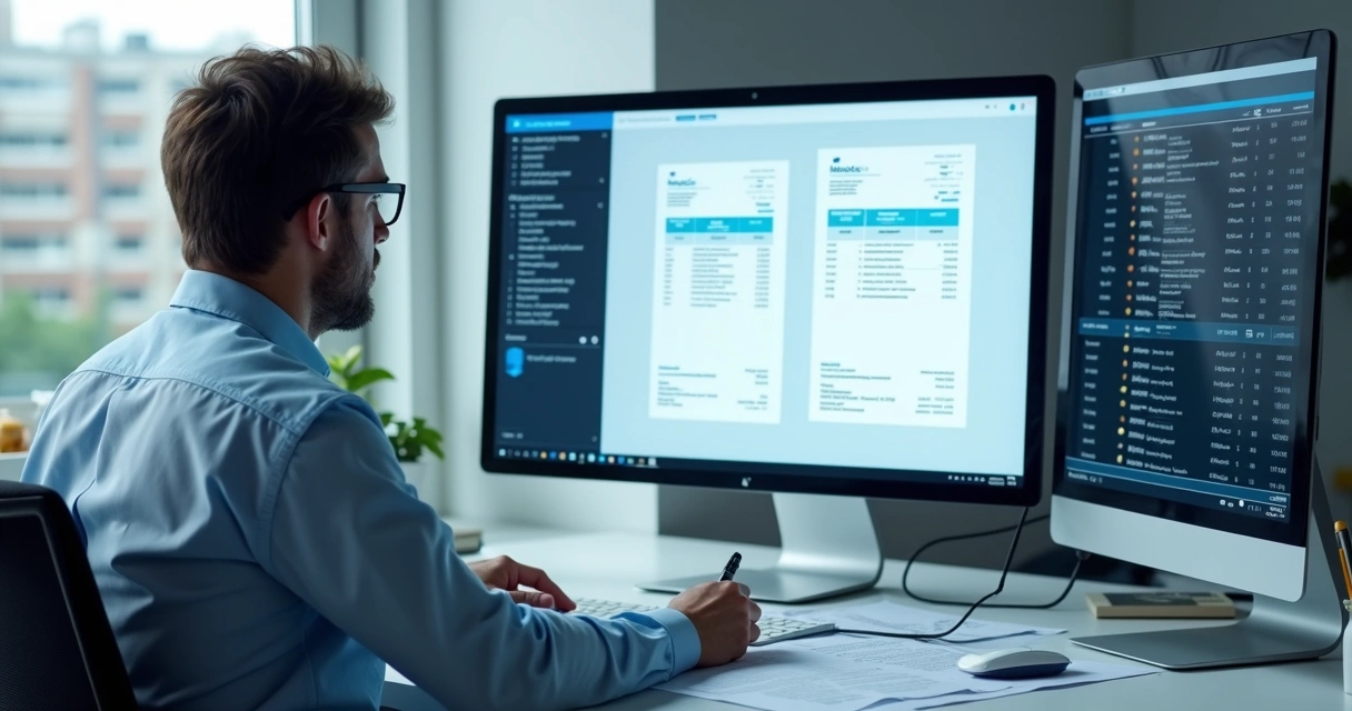 Profissional revisando notas fiscais digitais em escritório 
