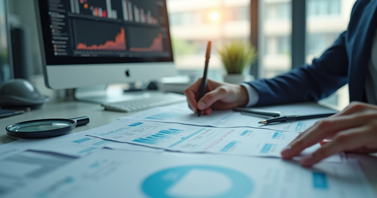 Pessoa analisando documentos fiscais em mesa com computador