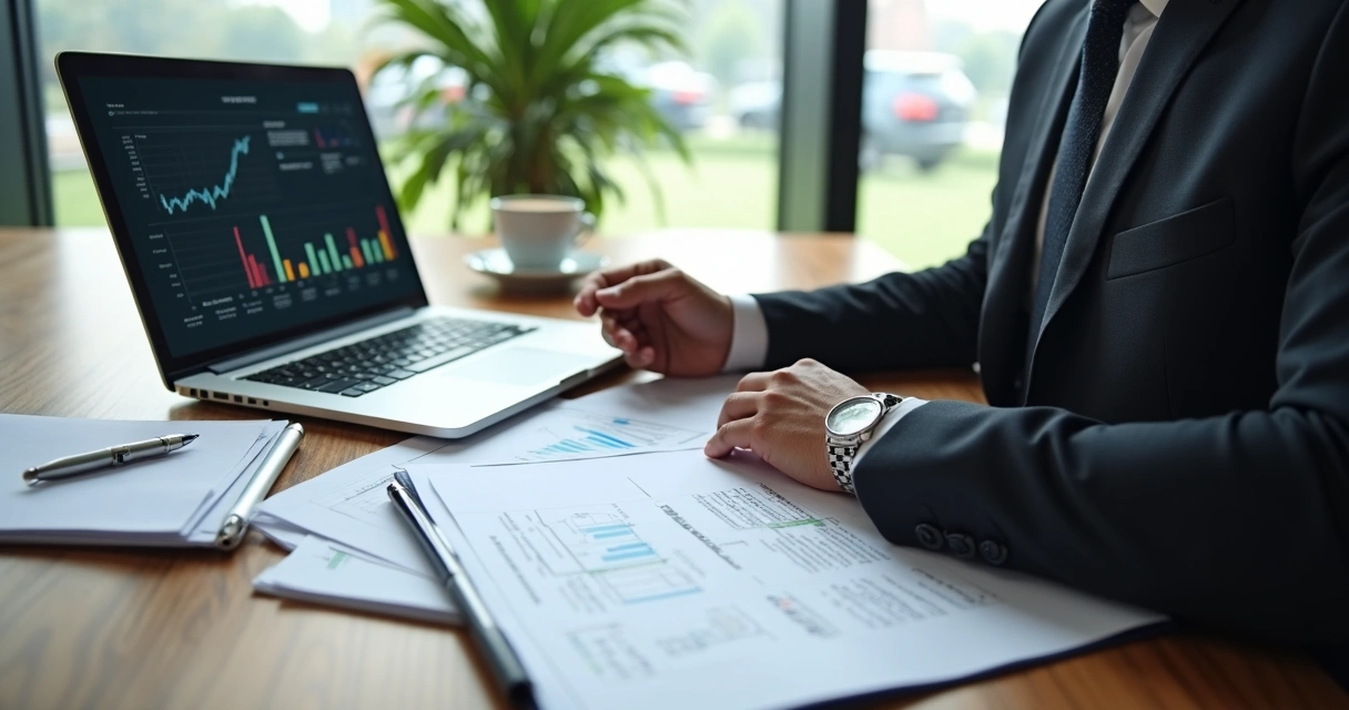 Pessoa analisando documentos em uma mesa com computador e gráficos