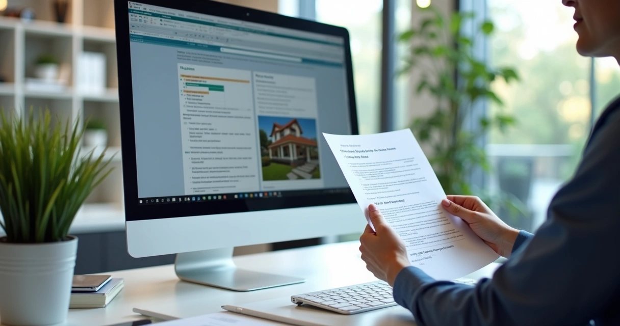 Análise digital de documentos imobiliários em tela de computador 