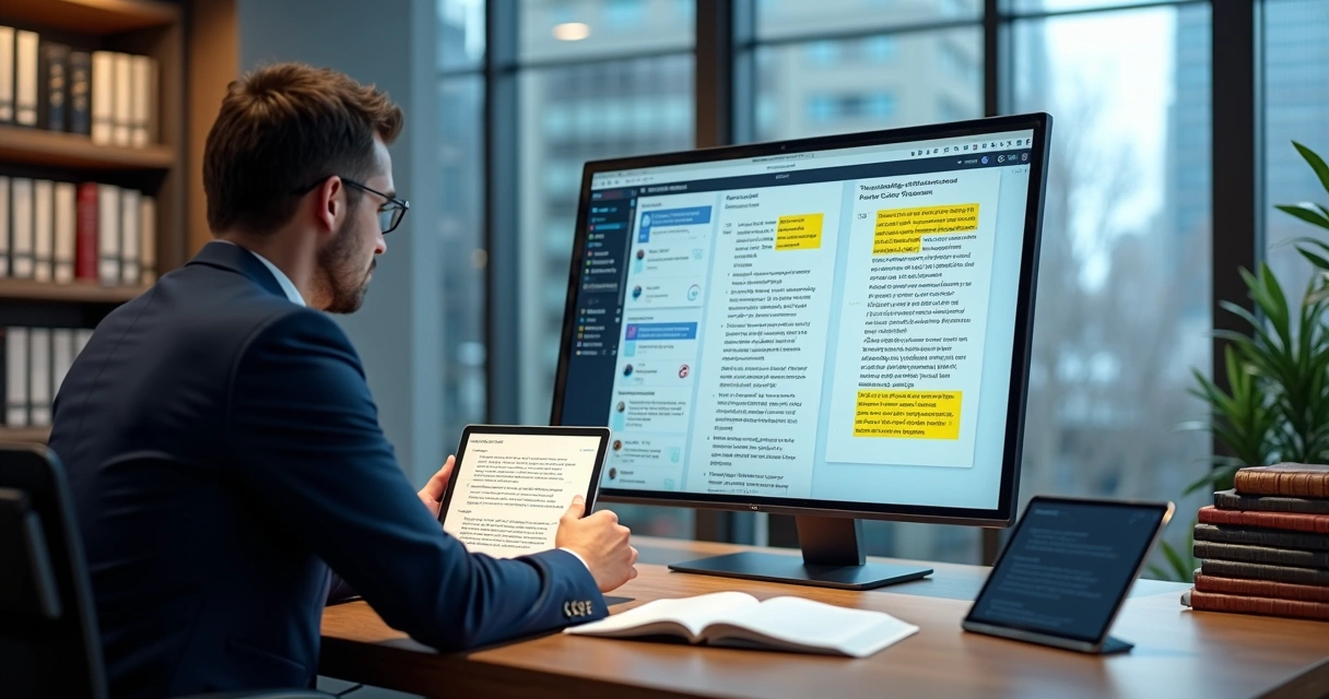 Advogado conferindo documentos digitais em tela de computador 