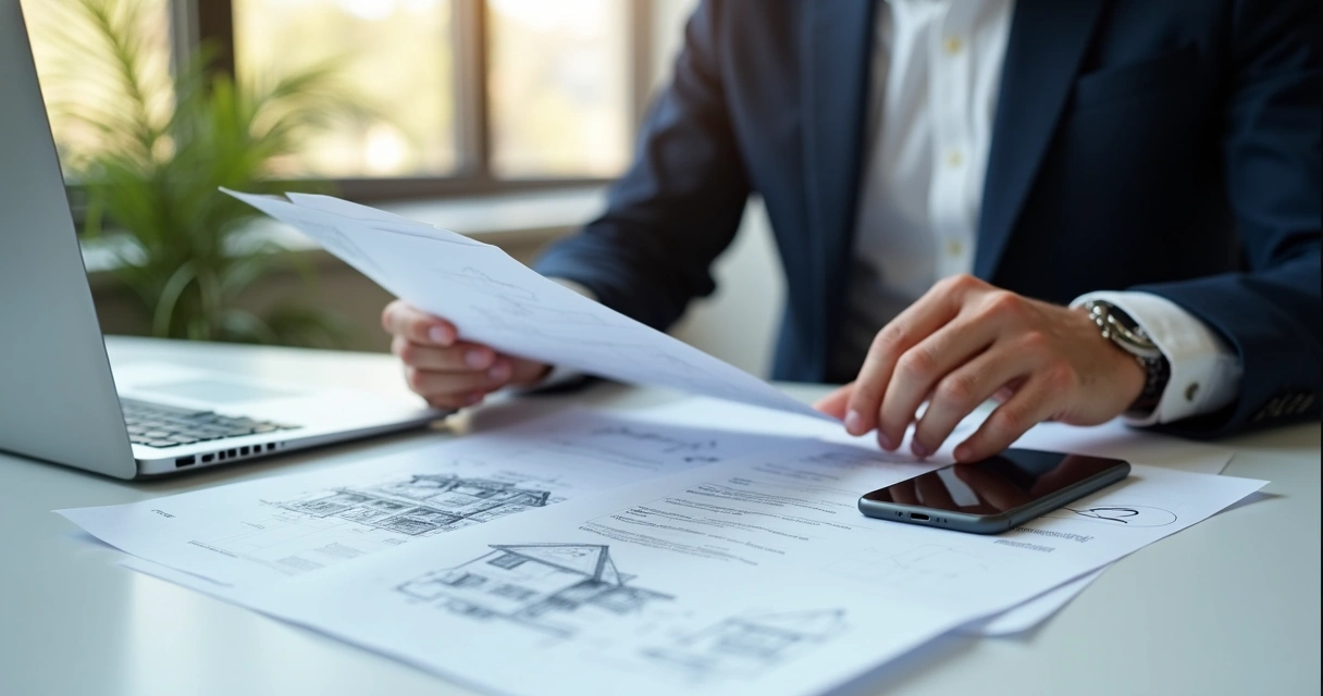 Profissional de imobiliária analisa documentos de imóvel sobre mesa 