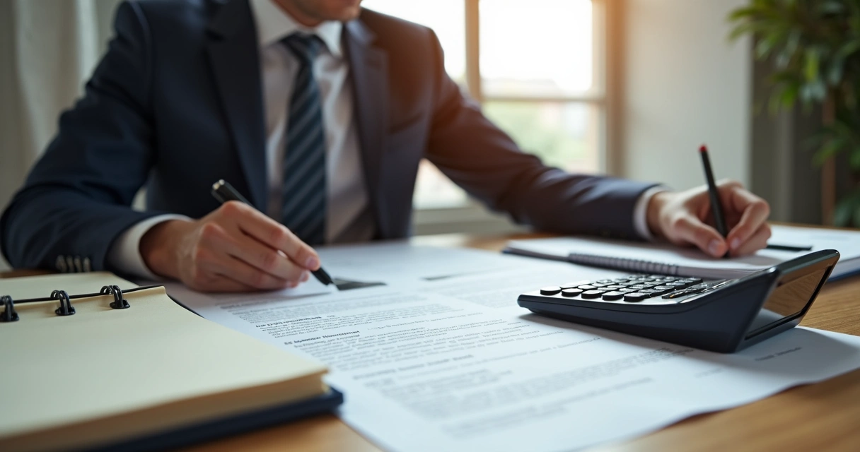 Advogada analisando documentos imobiliários em escritório 