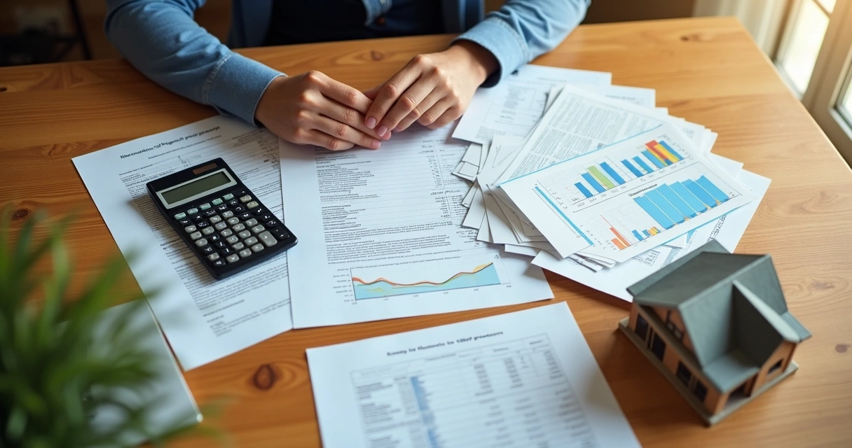 Pessoa analisando documentos de investimento imobiliário em mesa