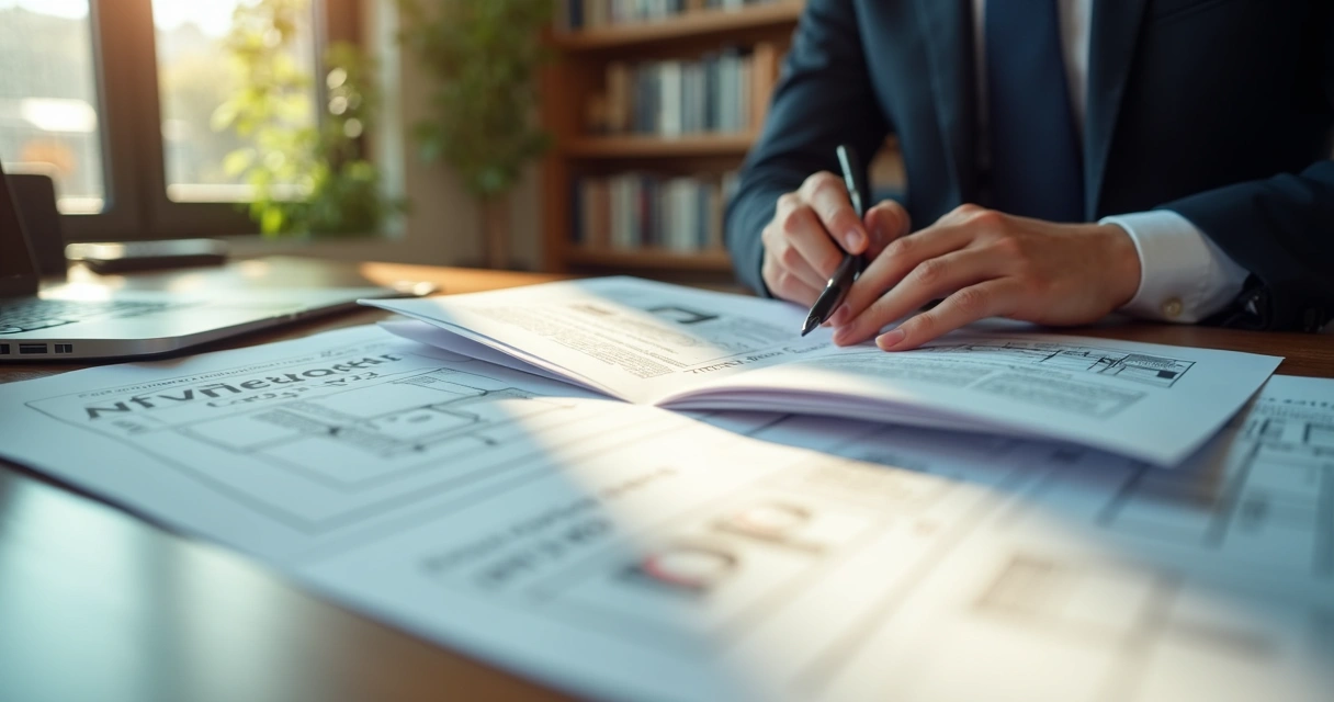 Advogado analisando documentos de imóvel sobre mesa