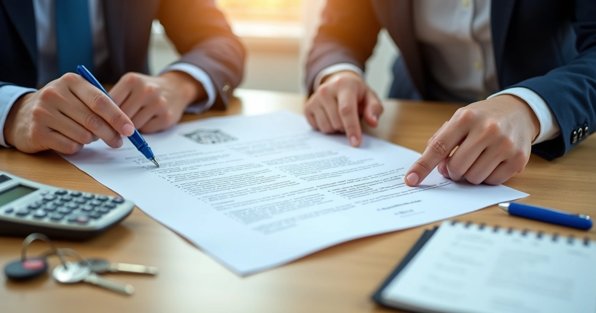 Pessoa analisando matrícula e contrato de imóvel em mesa de escritório