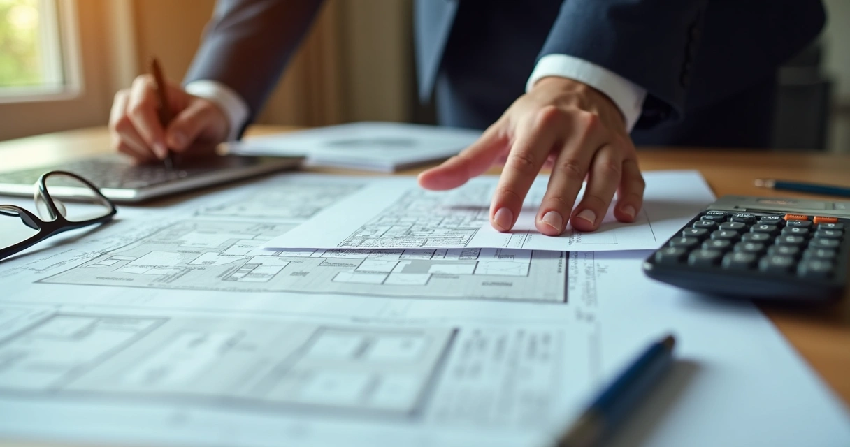 Mão de especialista analisando documentos de imóvel em mesa 