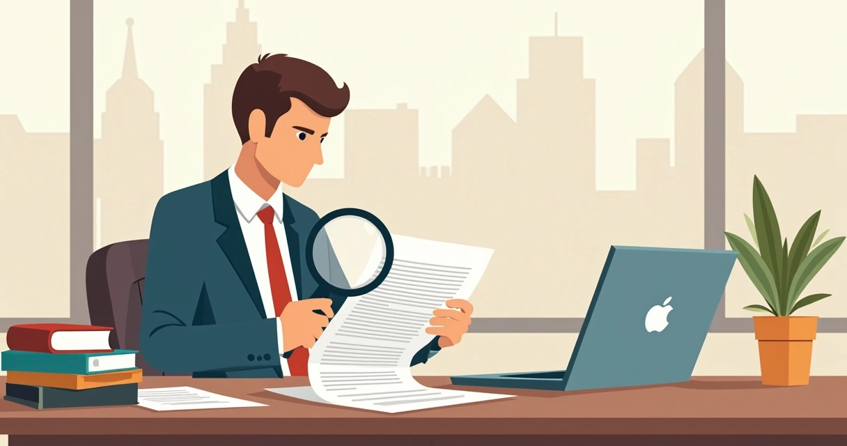 Advogado analisando documentos de imóvel com lupa 