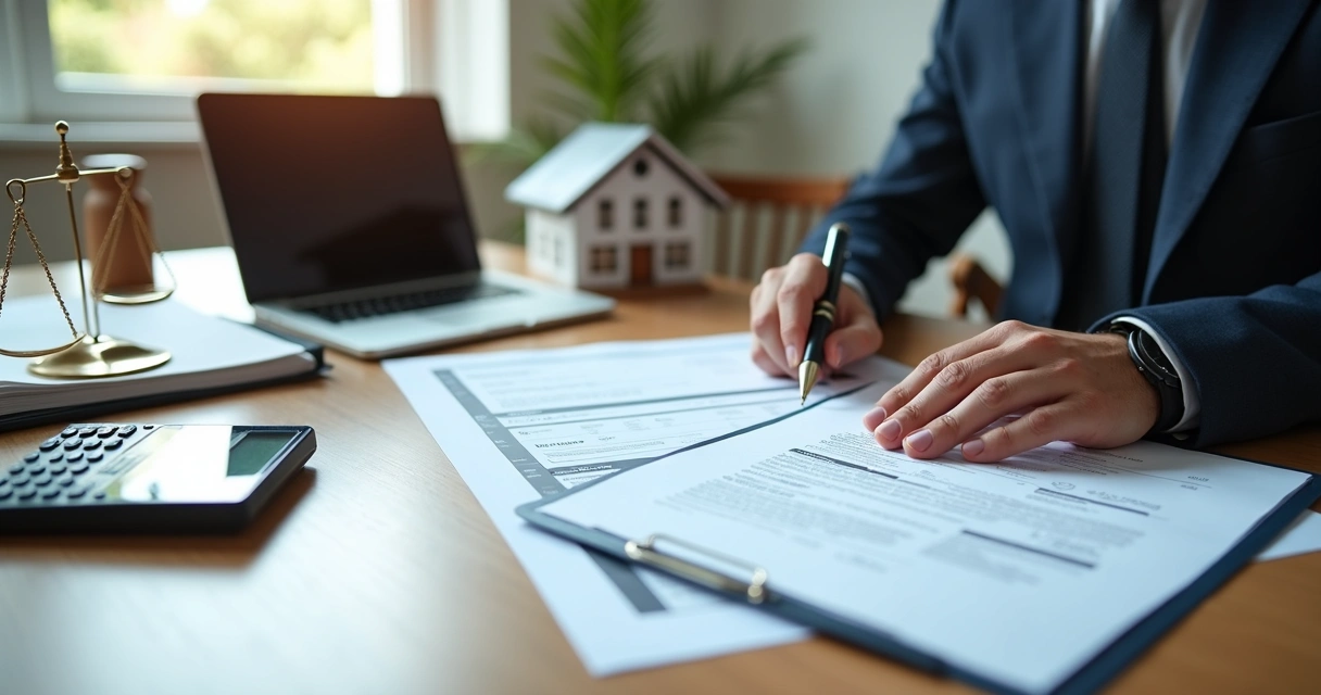 Advogada analisando matrícula e certidões de imóvel em escritório 