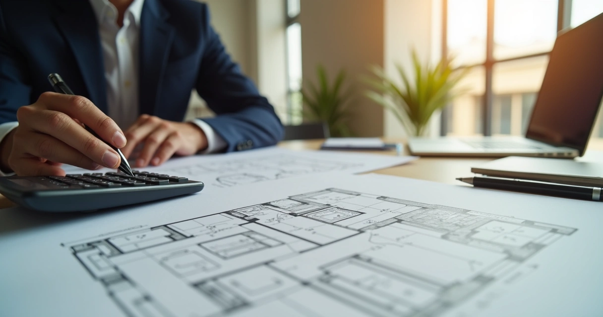 Pessoa analisando documentos e plantas de imóvel com calculadora e caneta 