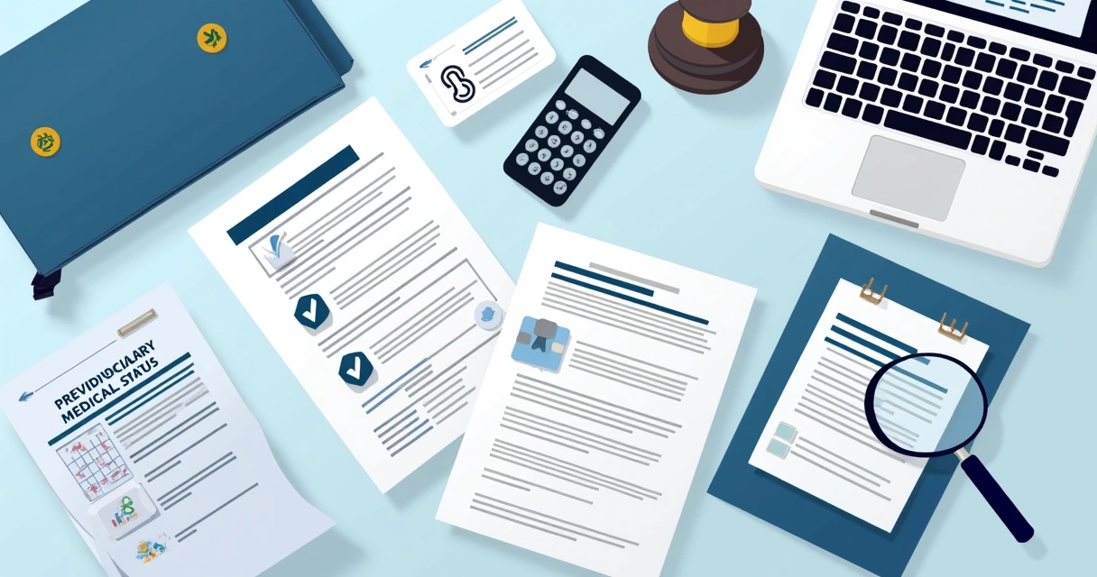 Documentos previdenciários sendo analisados em mesa de escritório