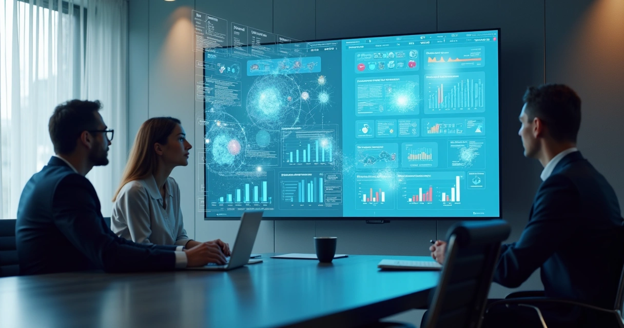 Profissionais analisando documentos extensos com tela digital ao fundo 