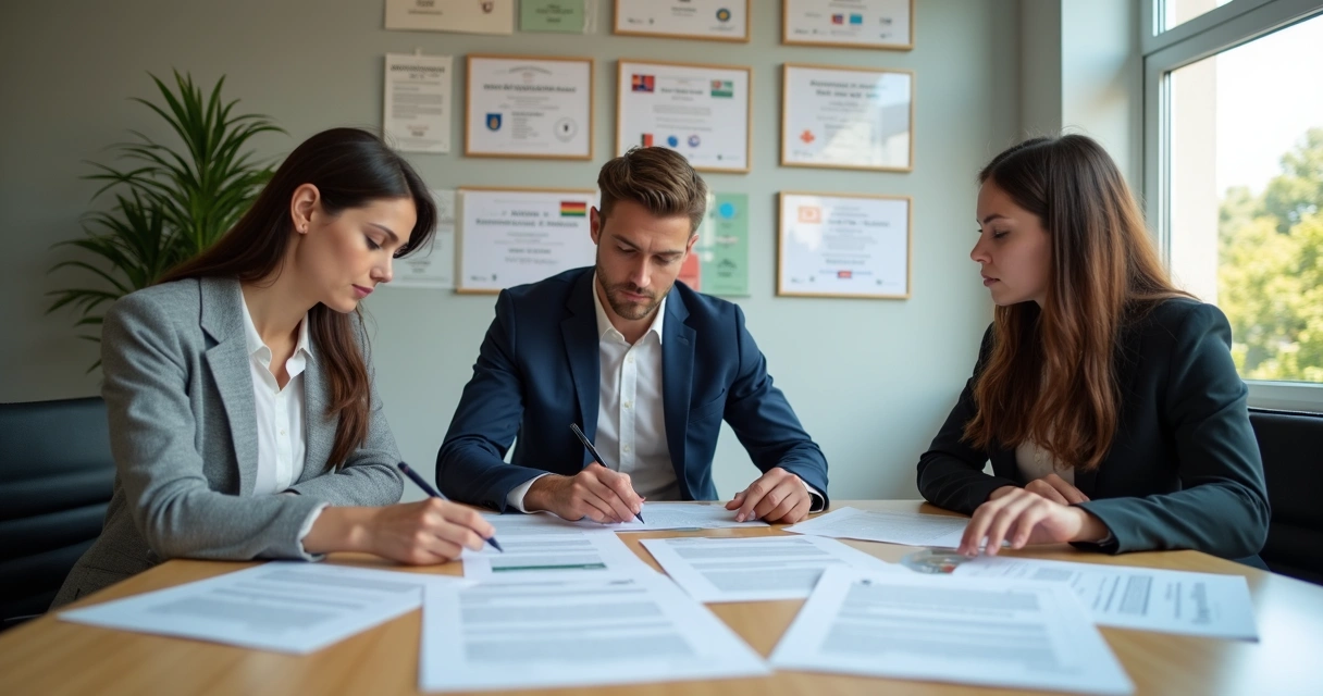Equipe analisando documentos de intercâmbio