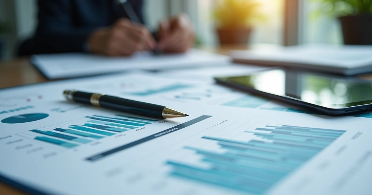 Mesa com prospecto, caneta e gráficos de investimento