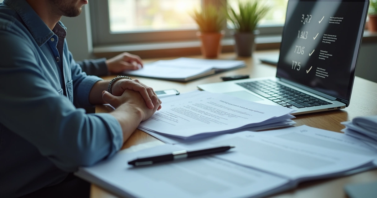 Profissional analisando documentos jurídicos em mesa de escritório 