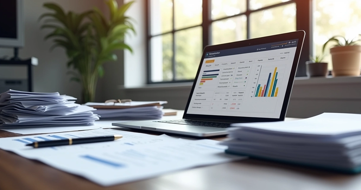 Mesa com documentos jurídicos, laptop aberto e canetas 