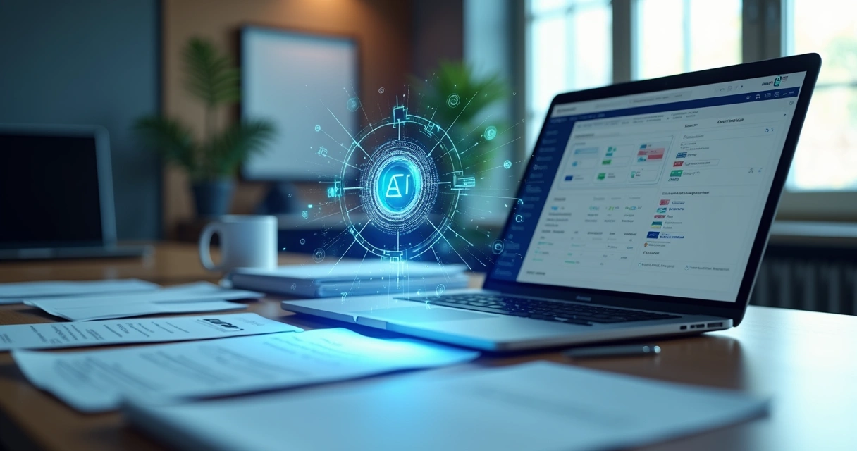 Mesa de escritório com laptop aberto exibindo software jurídico, documentos impressos e ícones digitais de inteligência artificial ao lado 