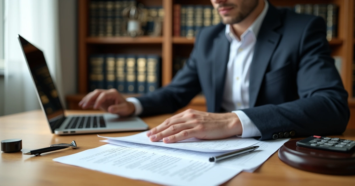 Advogado analisando documentos jurídicos em mesa com computador portátil 