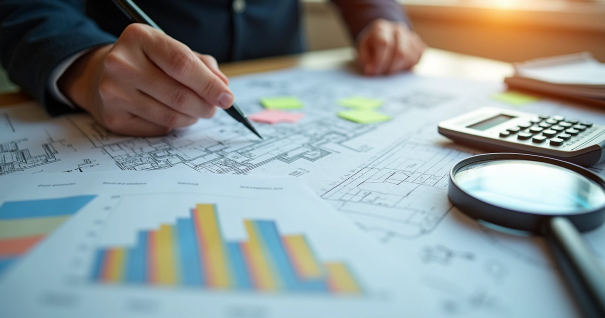 Engenheiro analisando documentos em laudo pericial 