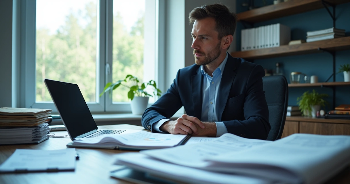 Advogado analisando documentos financeiros e computador 