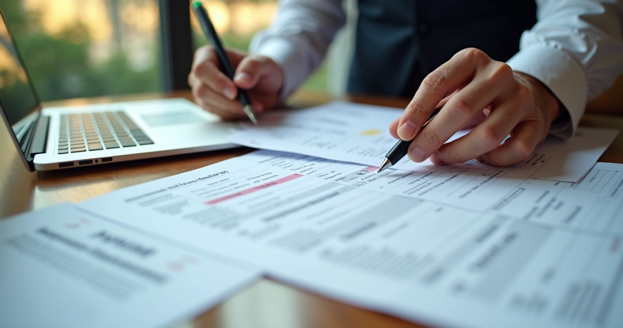 Pessoa analisando documentos de leilão em mesa com laptop 