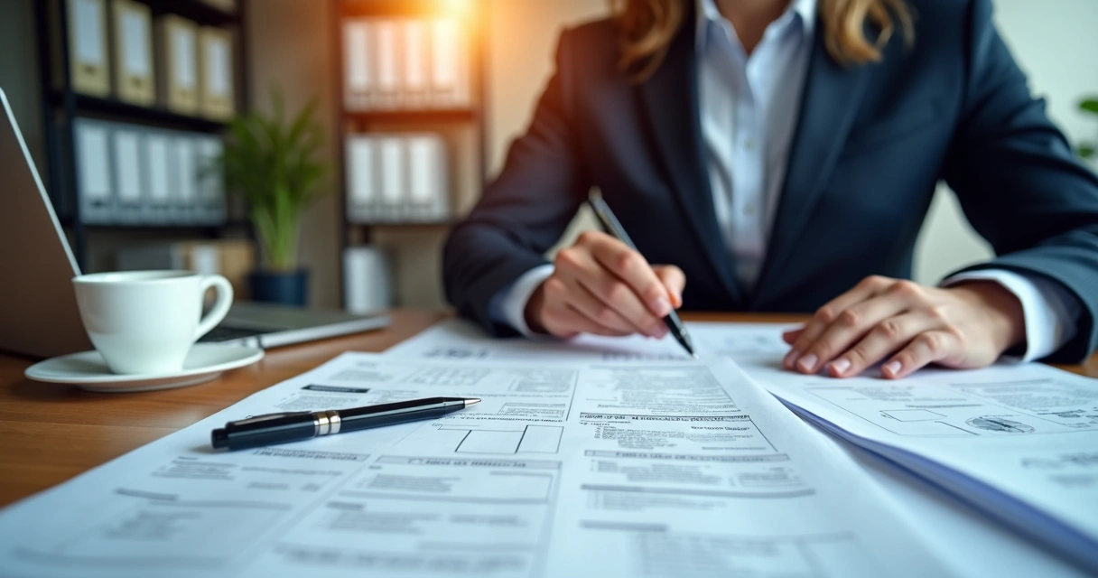 Pessoa analisando documentos de licitação em mesa com notebook e caneta