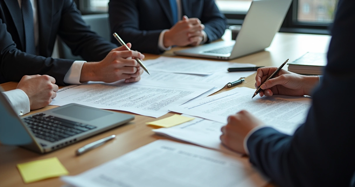 Pessoas revisando documentos e contratos em mesa de reunião, pilhas de documentos e notebooks, ambiente de escritório moderno