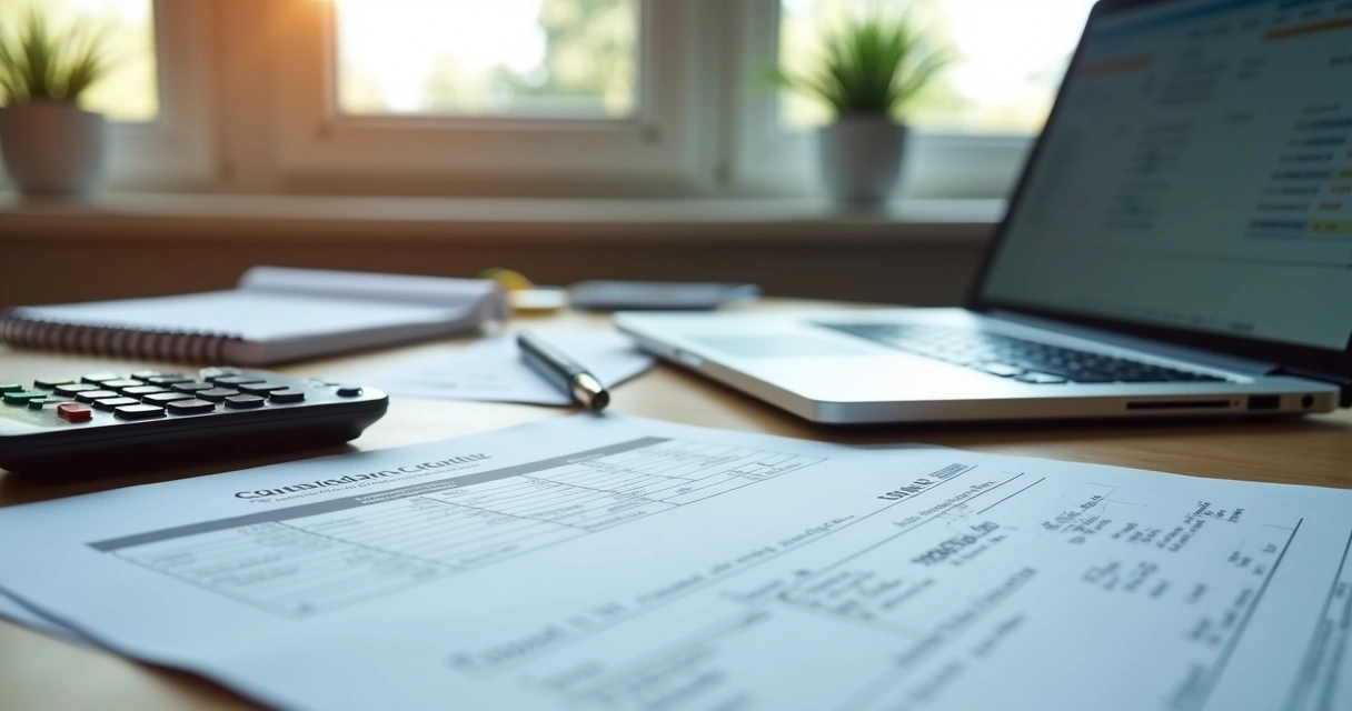 Documentos de obra e calculadora sobre mesa de escritório 
