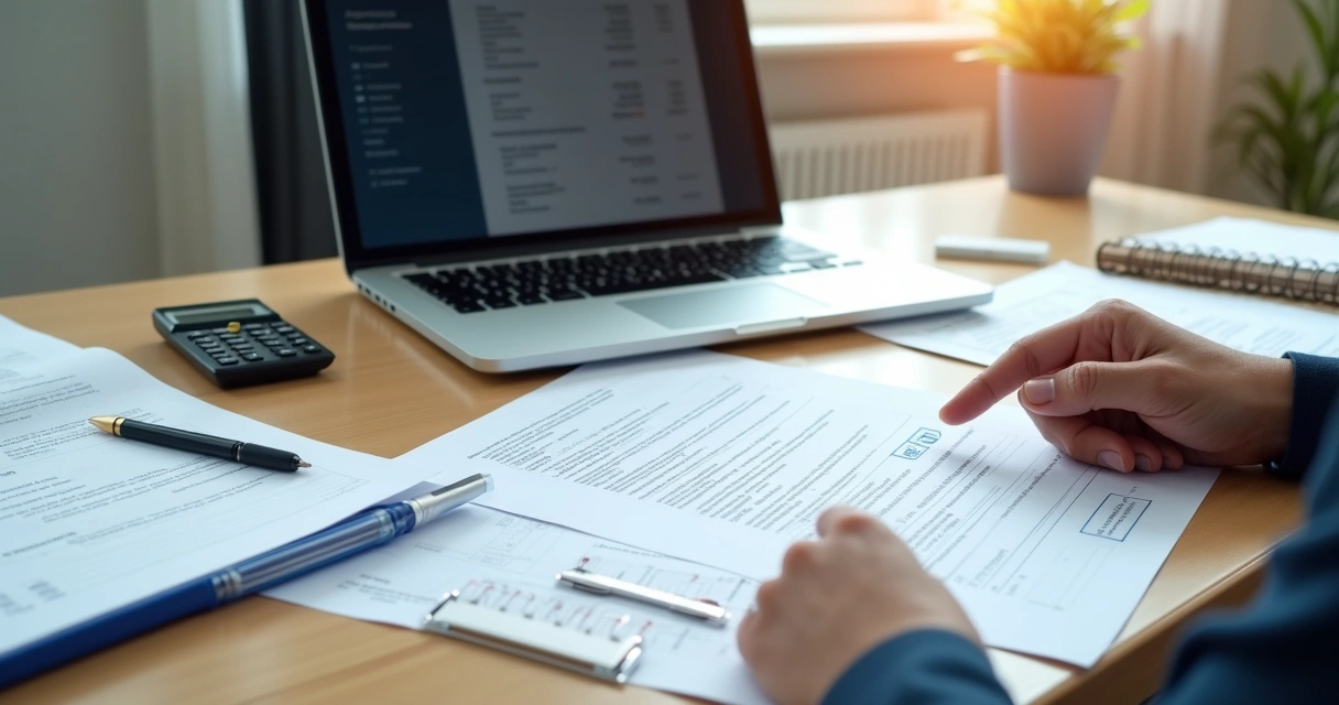 Mesa com documentos de obra, notebook e checklist em conferência 