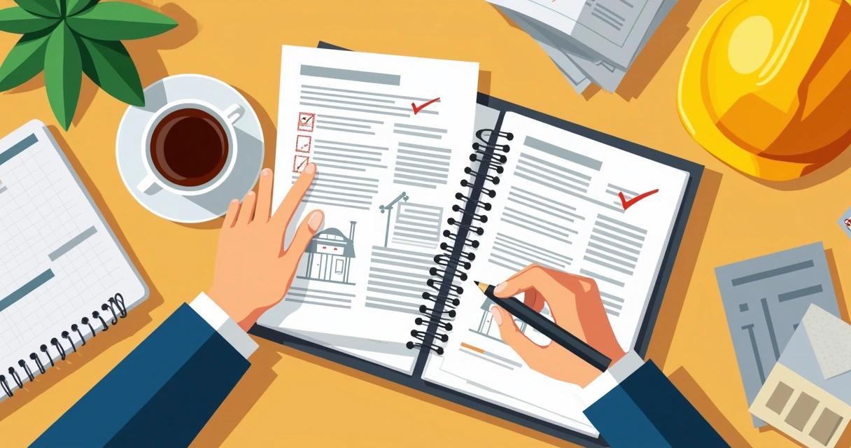 Arquiteto revisando documentos de cadastro de obra em notebook 