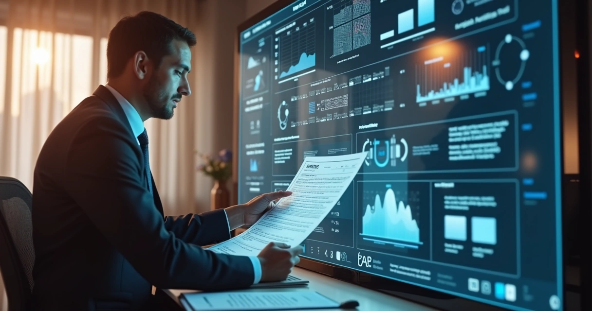 Profissional verificando documentos digitais de licitação 