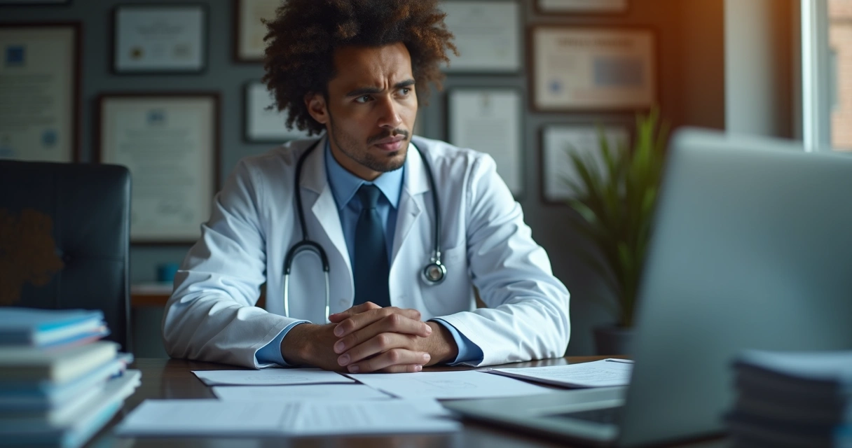 Médico analisando documentos jurídicos com expressão concentrada, sentado à mesa 