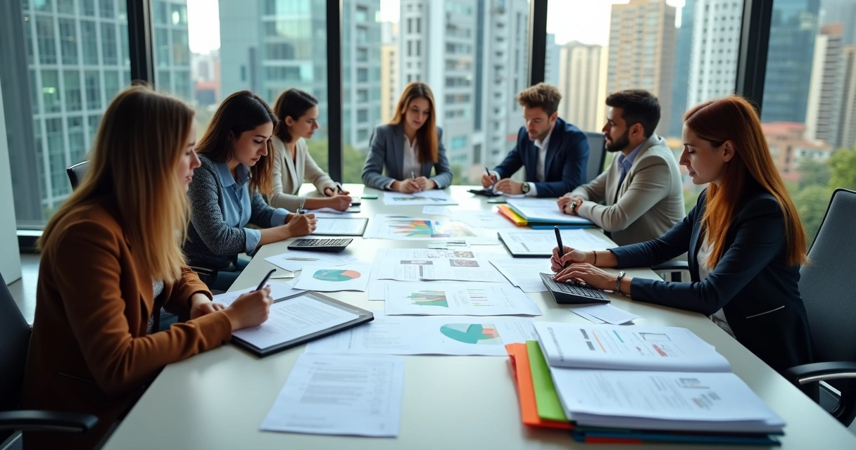 Equipe analisando documentos e planilhas de um projeto de captação de recursos