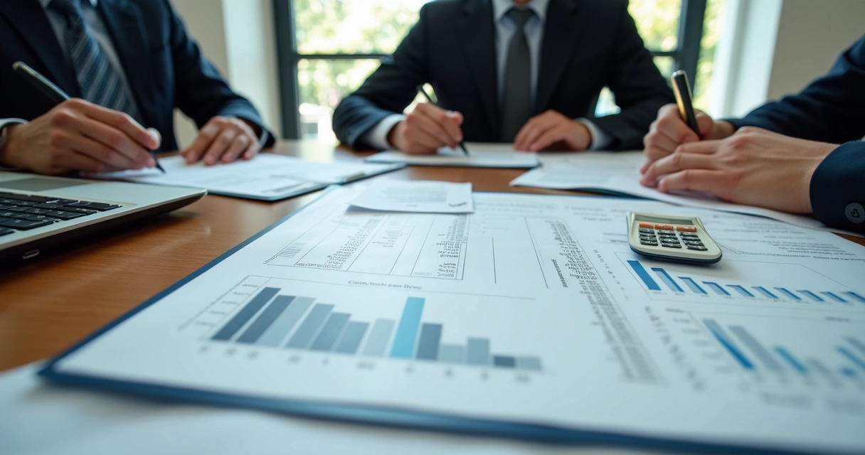Documentos financeiros e calculadora em mesa de reunião